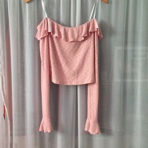 off the shoulder baby pink long sleeve